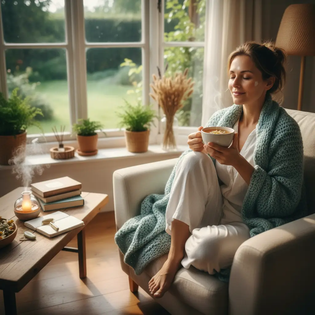 A person relaxing with tea after a reflexology session, emphasizing post-care
