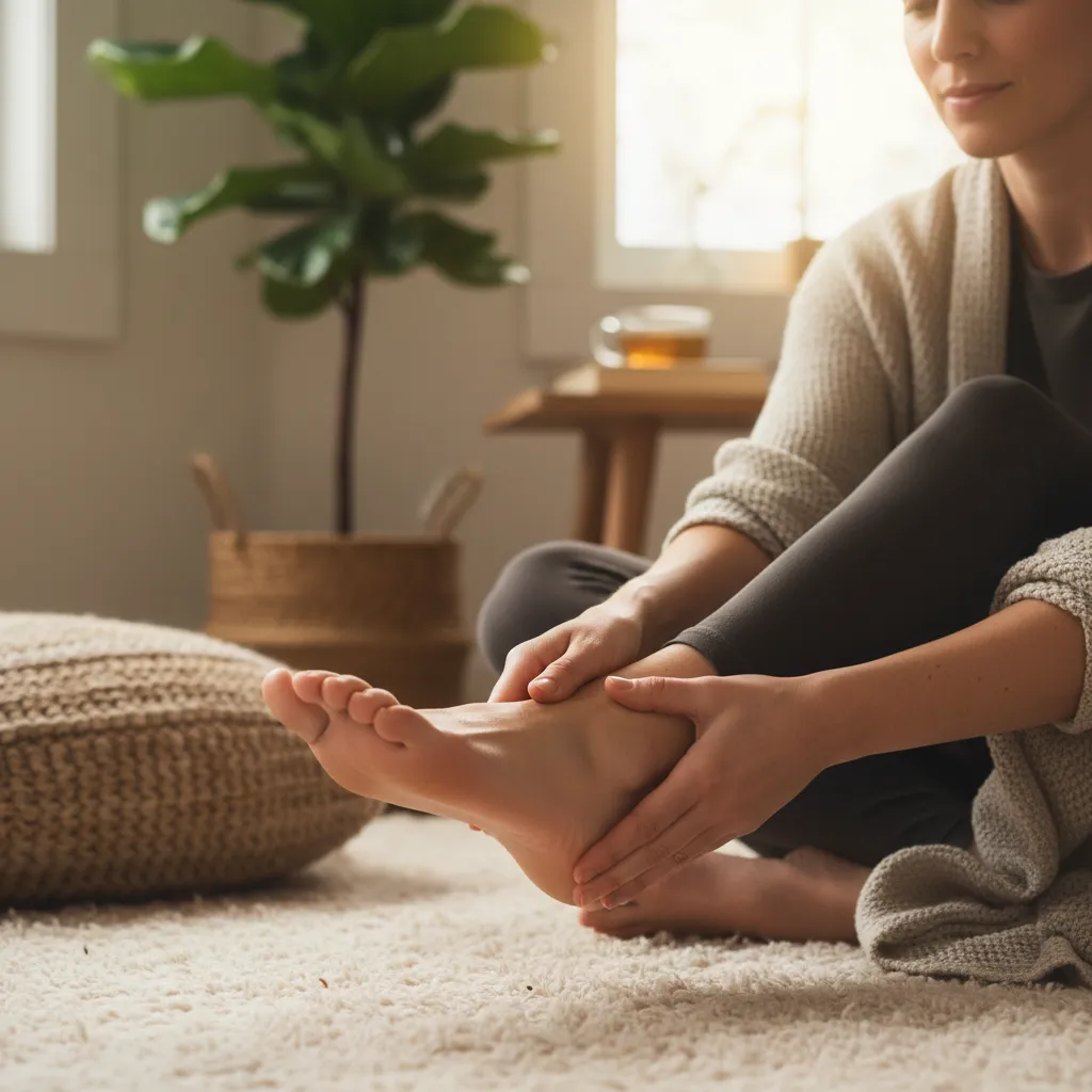 Person performing self-foot reflexology with focus and relaxation