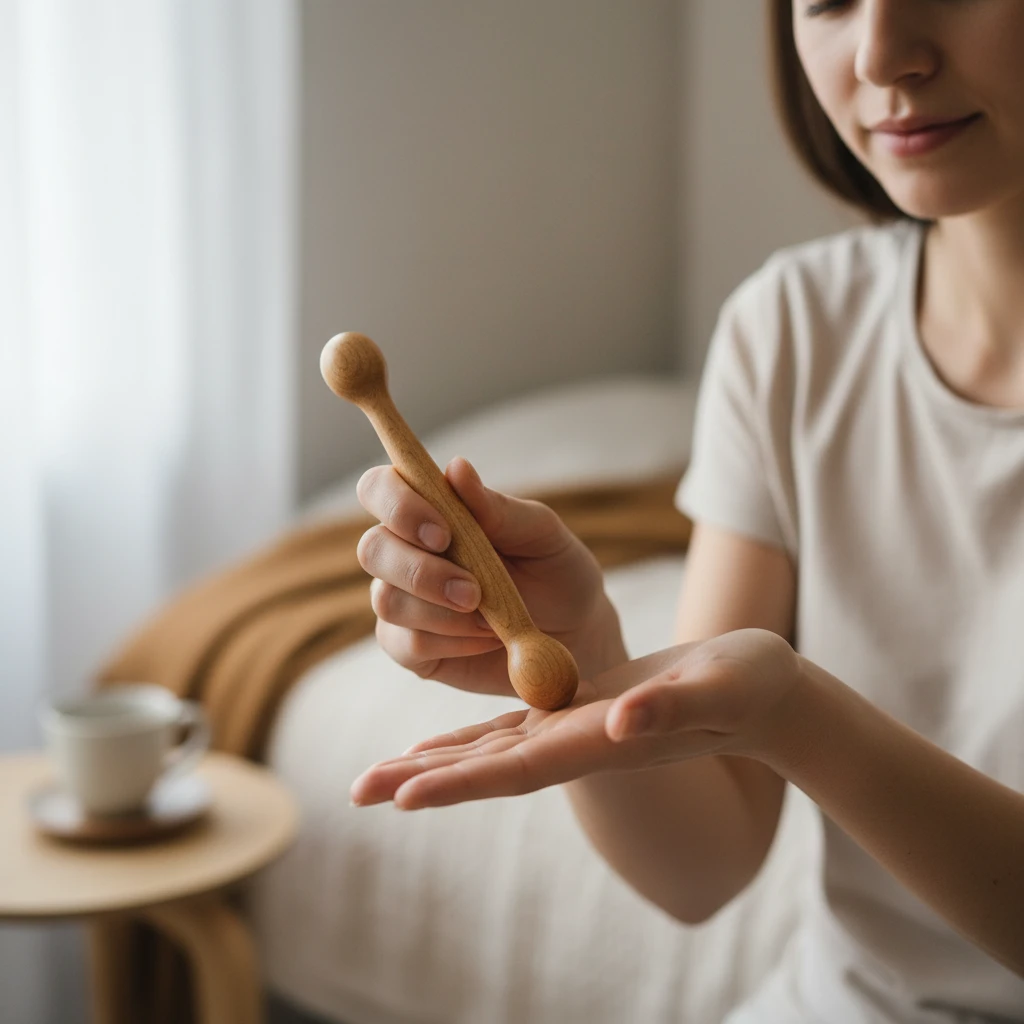 Hand reflexology with wooden tool for self-treatment