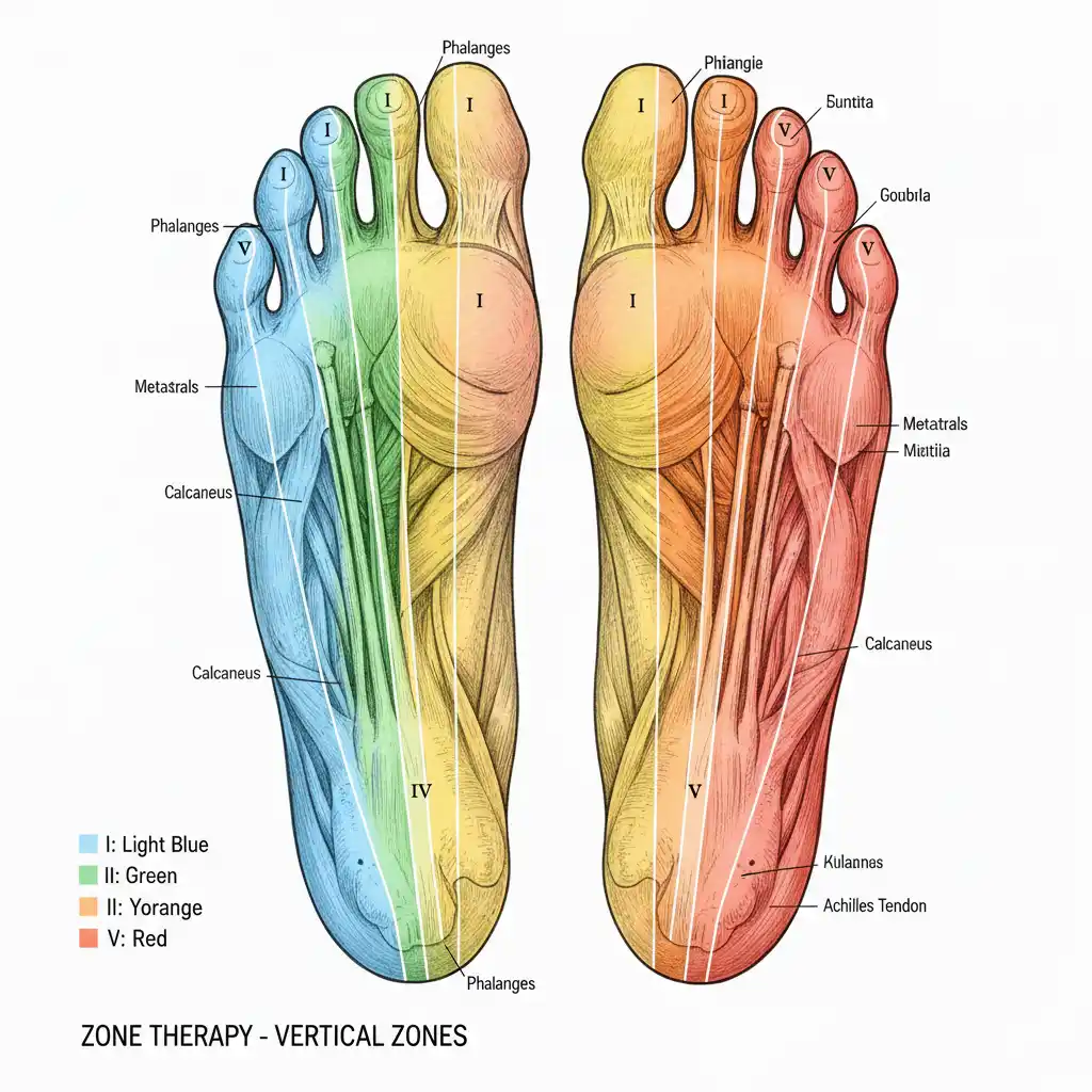 Zone Therapy chart showing the ten vertical zones on the human feet