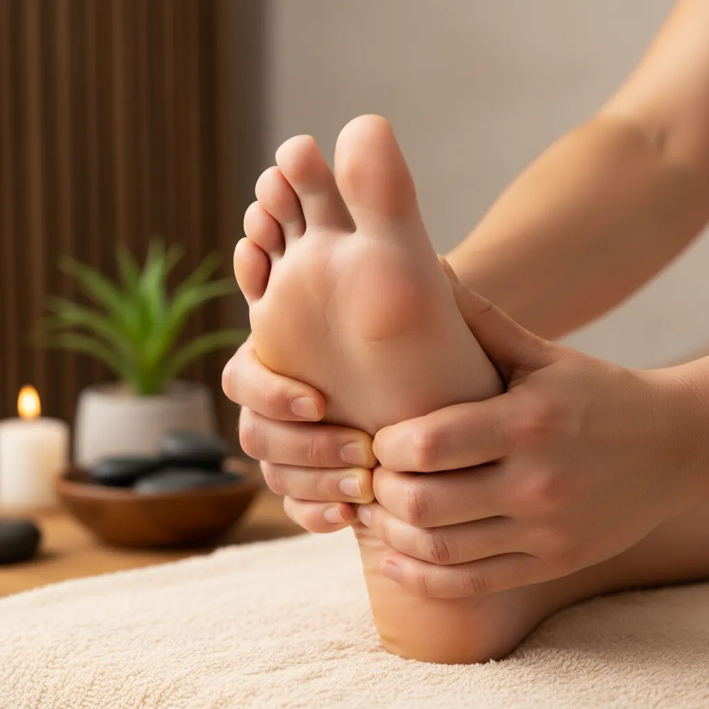 Reflexologist performing thumb walking technique on the sole of a foot