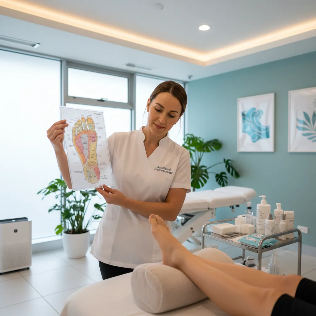 Professional reflexologist analyzing foot chart in a clinic