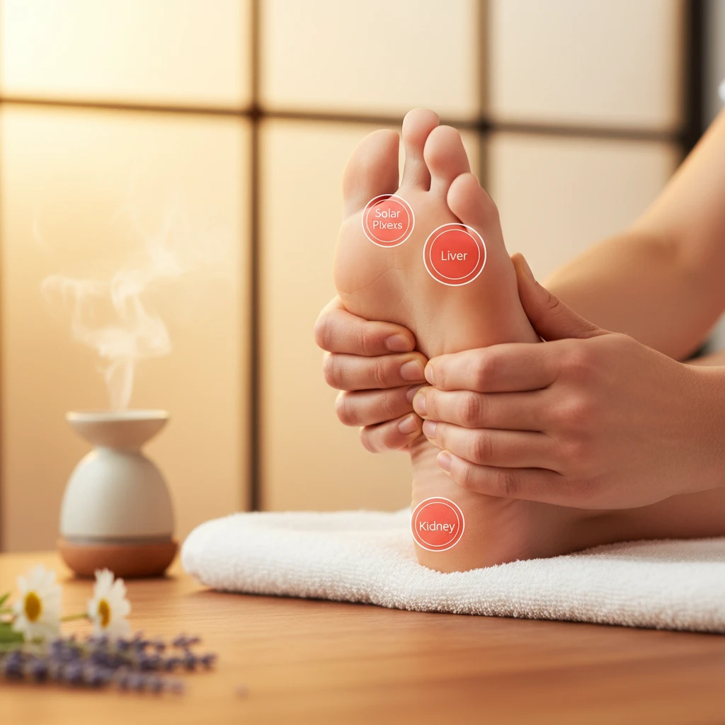 Therapist applying pressure to foot reflex points