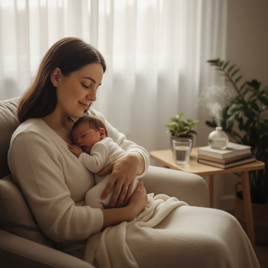Mother holding newborn representing postpartum recovery
