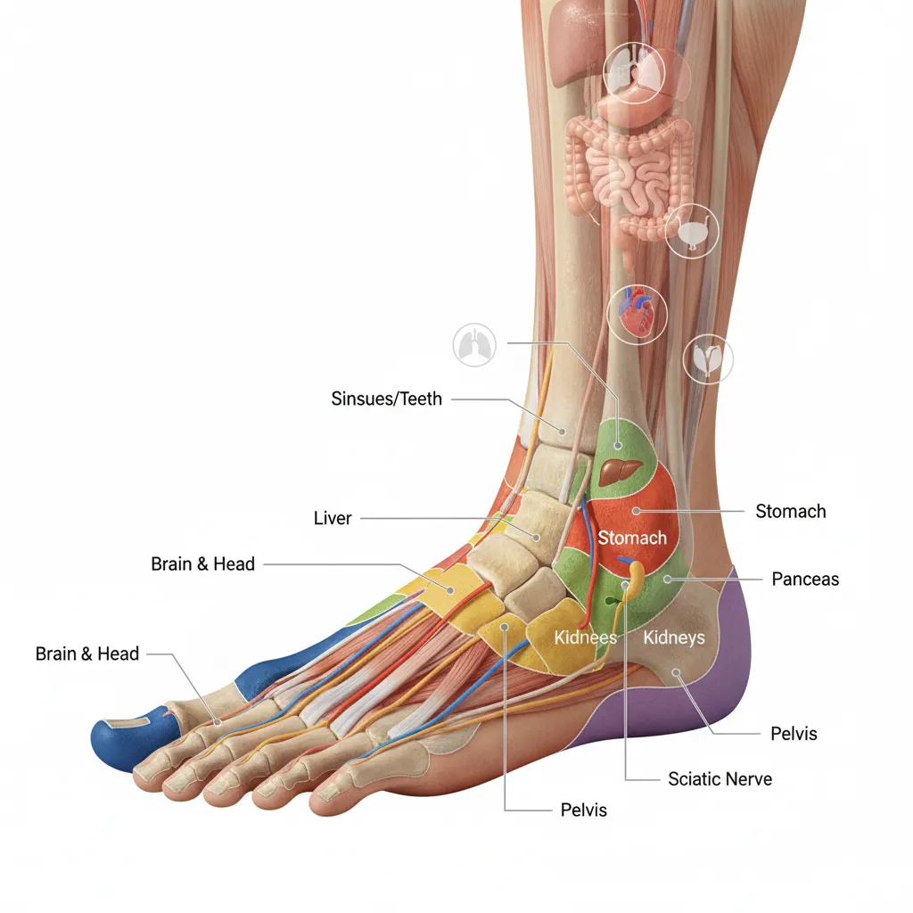 Reflexology foot map showing organ connections