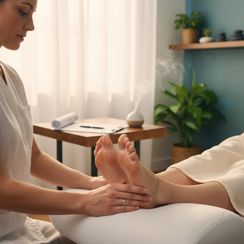 Professional reflexologist applying pressure to foot reflex points