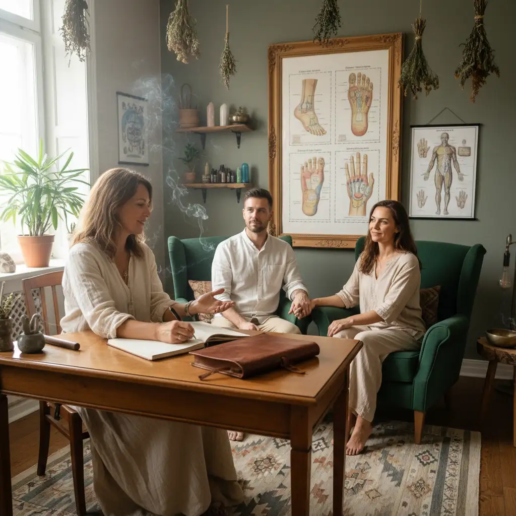 Couple consulting with a reproductive reflexologist