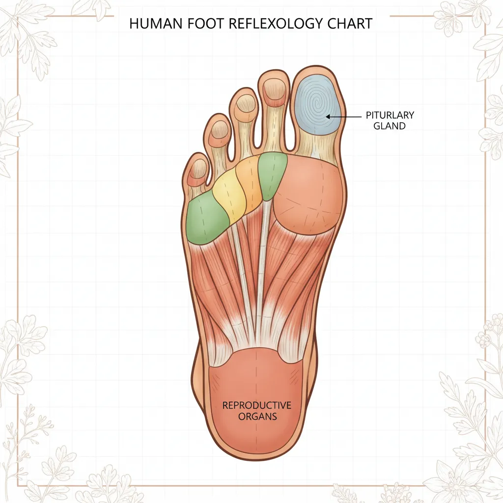 Foot reflexology chart highlighting reproductive zones