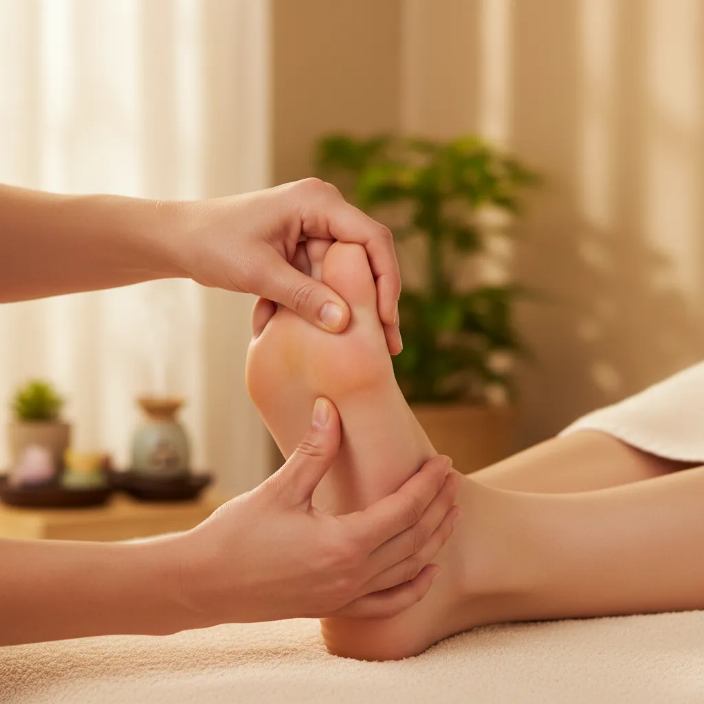 Reflexologist working on adrenal points
