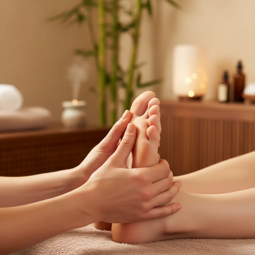 Reflexologist performing thumb walking on heel