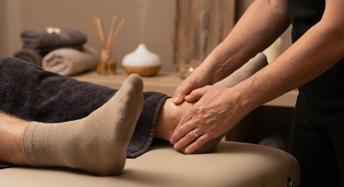 Reflexologist applying pressure to the inner ankle reflex point
