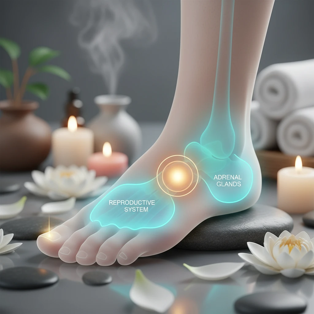 Reflexology chart highlighting reproductive and endocrine points on the foot