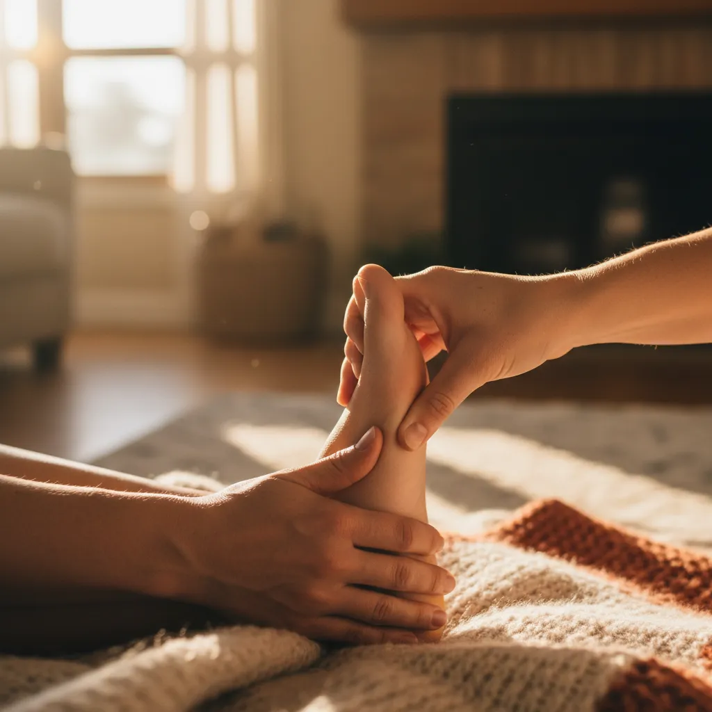 Couple practicing reflexology massage on feet