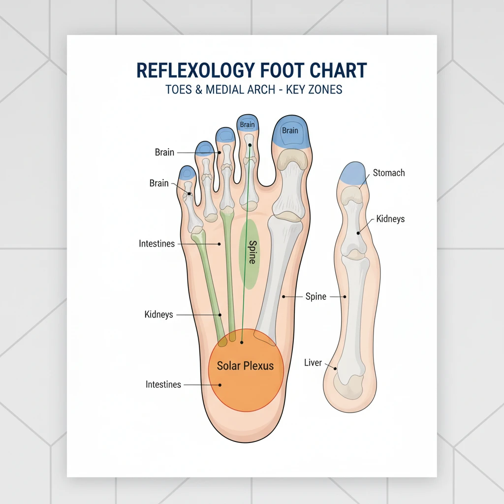 Reflexology foot chart highlighting migraine relief points
