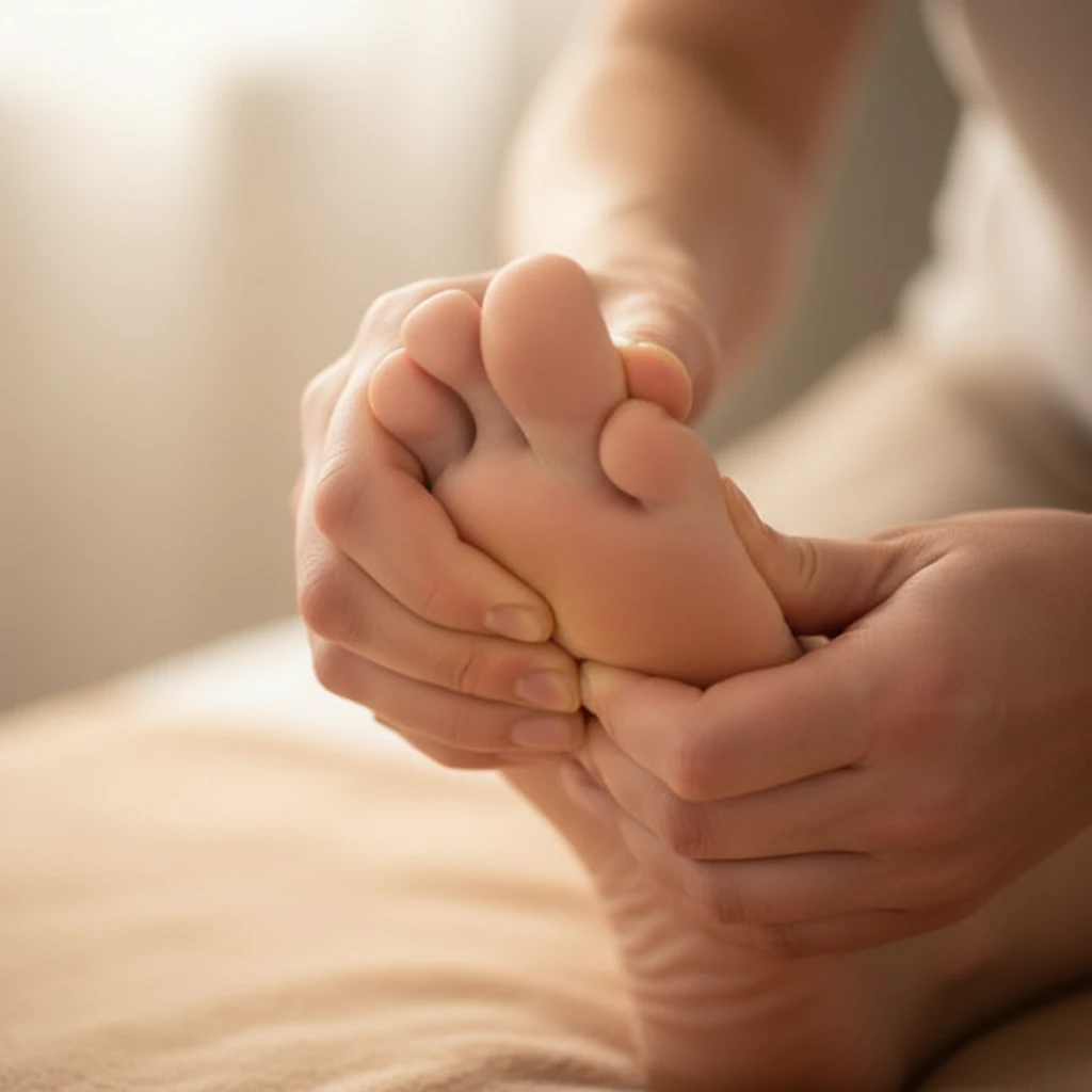 Applying pressure to the Liver 3 point on the foot for migraine relief