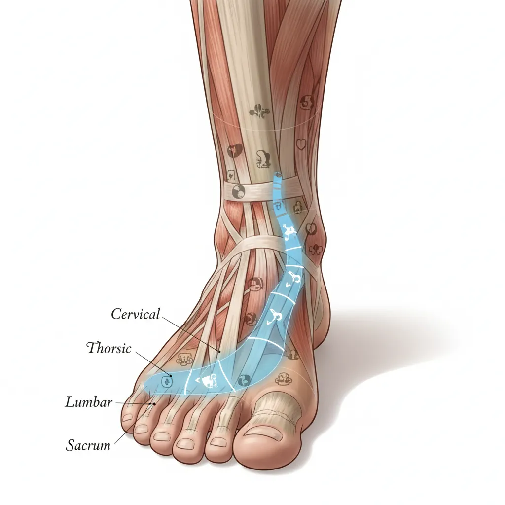 Foot reflexology chart highlighting the spinal reflex zone along the inner arch