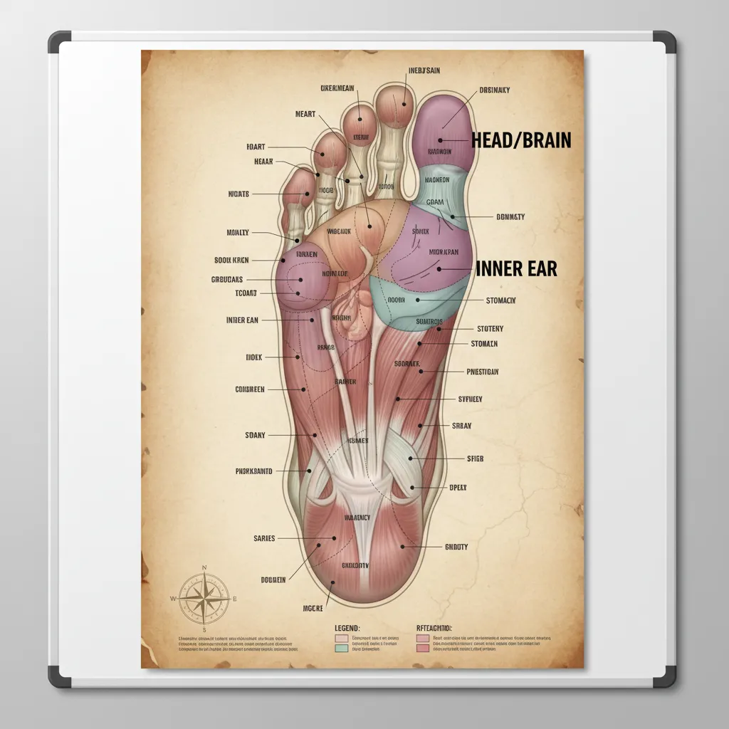 Foot reflexology chart highlighting inner ear and brain points