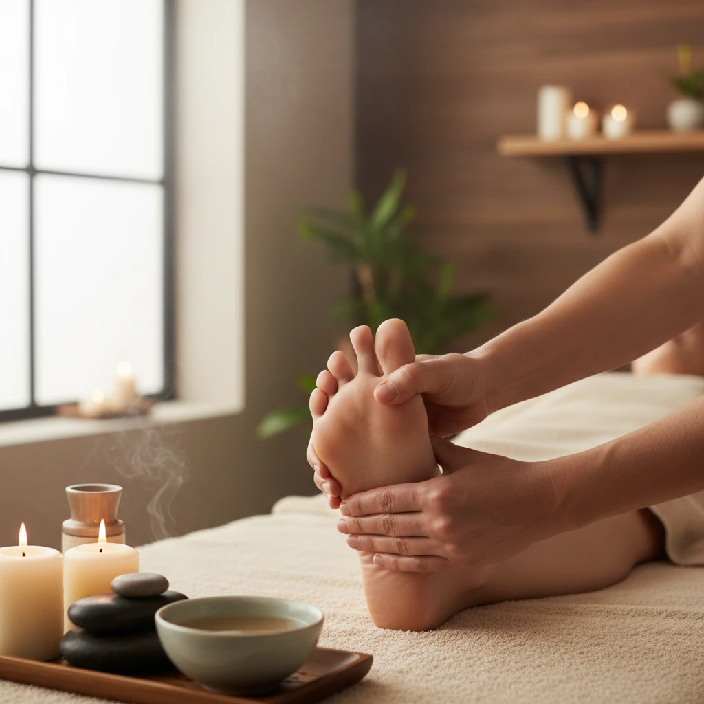 Therapist applying pressure to solar plexus reflexology point