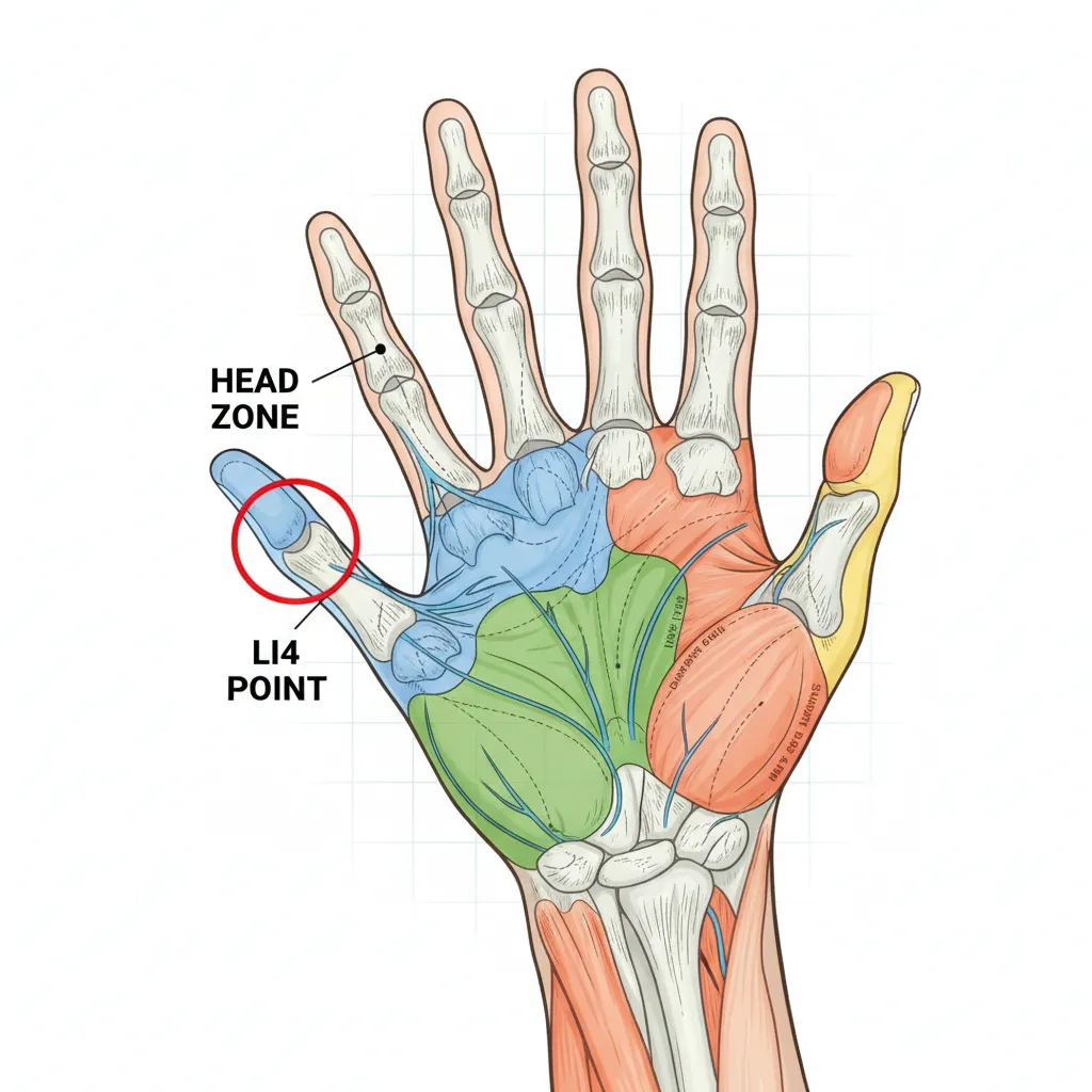 Hand reflexology chart highlighting headache relief zones