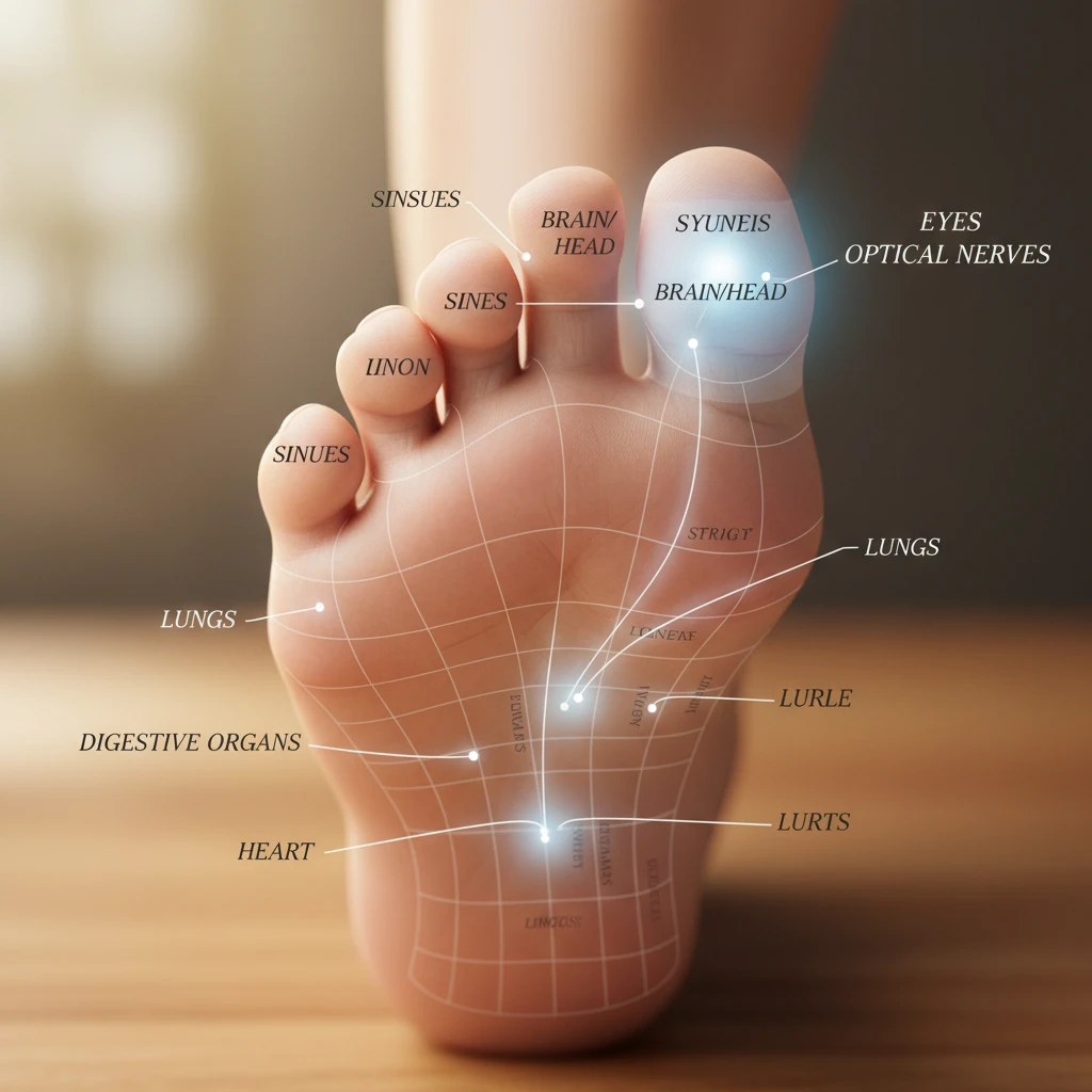 Foot reflexology chart highlighting the eye reflex points on the second and third toes