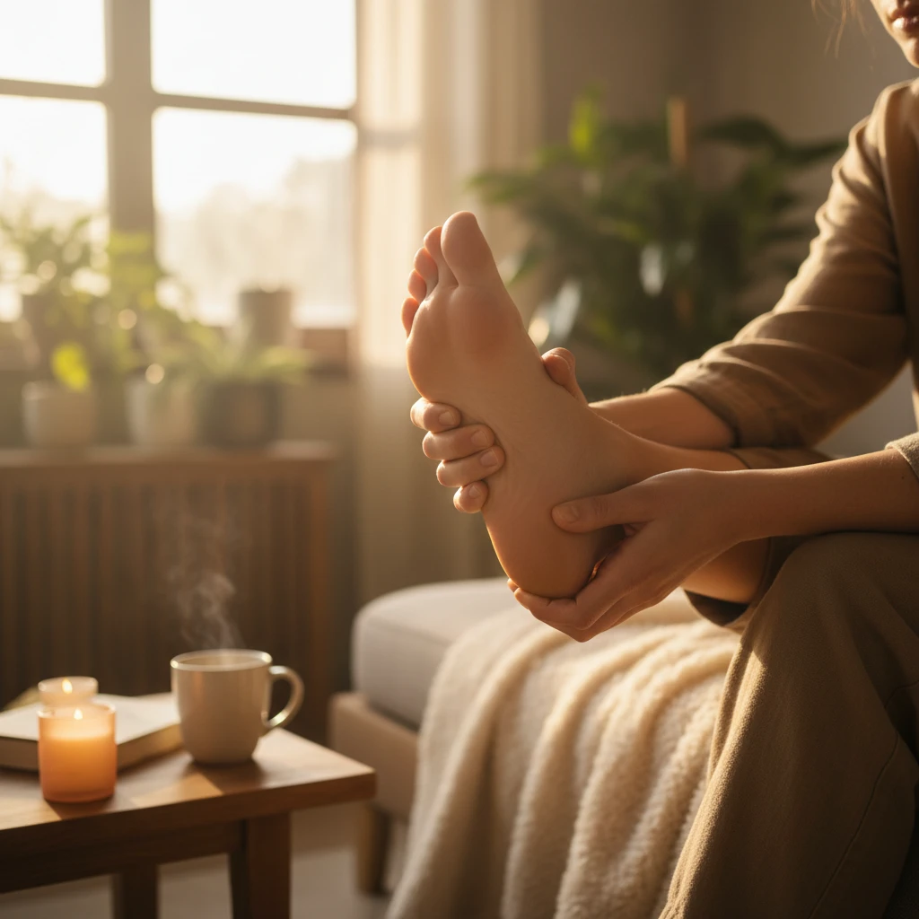 Person pressing the solar plexus reflexology point on the foot