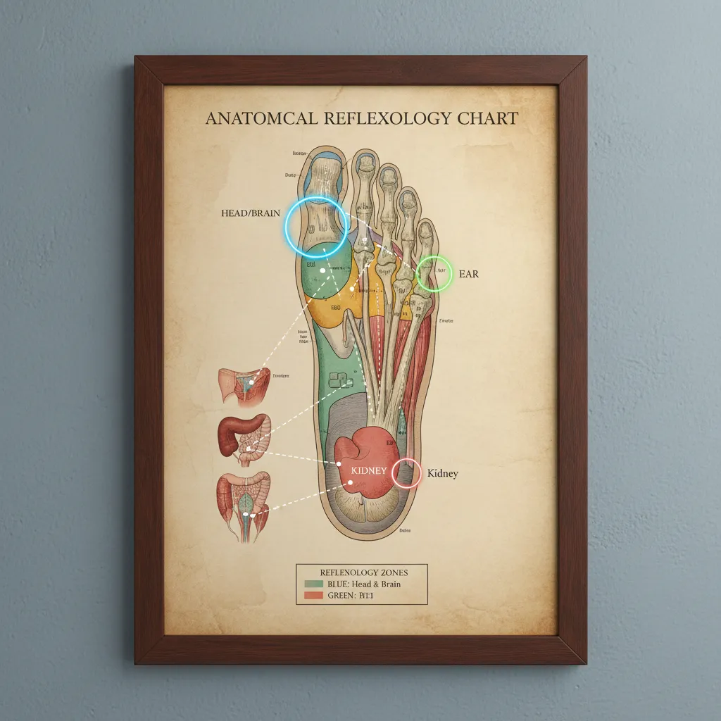 Foot reflexology chart highlighting ear and kidney zones for tinnitus relief