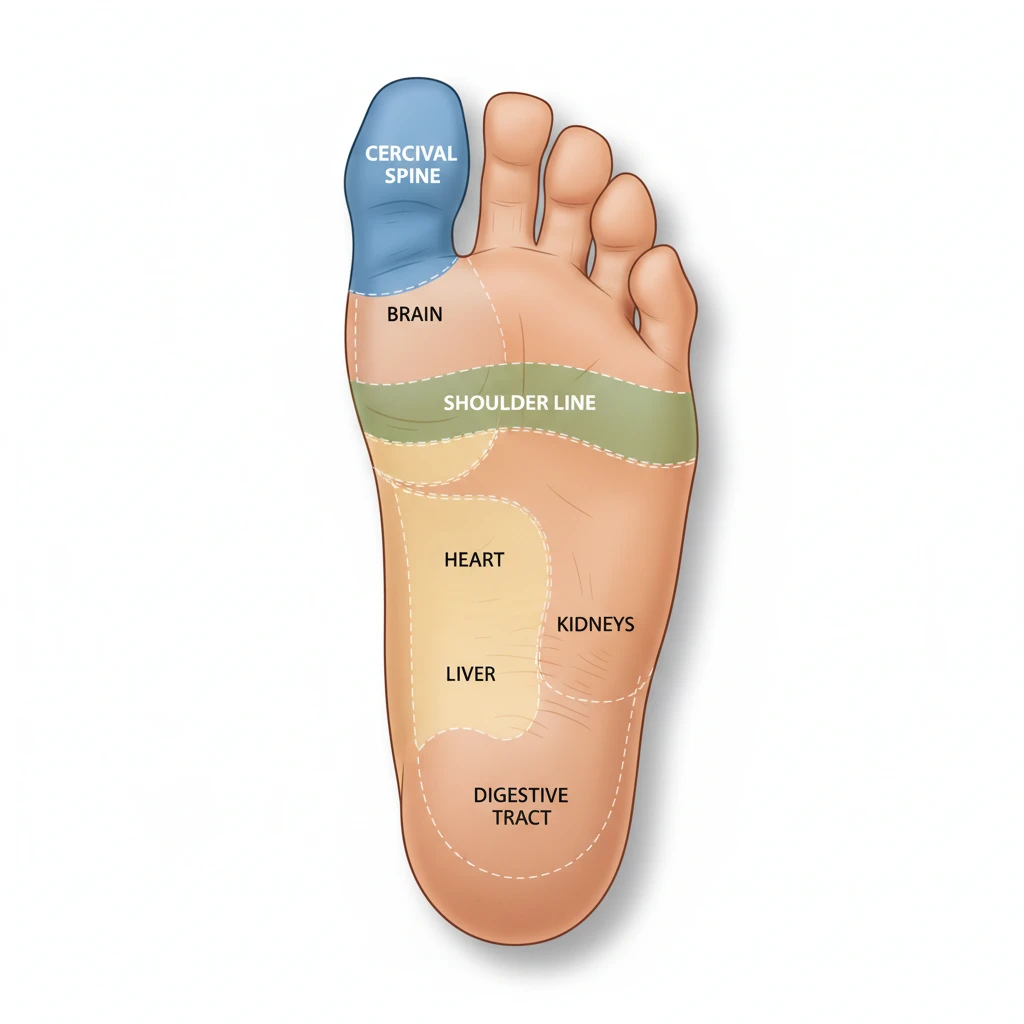 Reflexology foot chart highlighting neck and shoulder zones