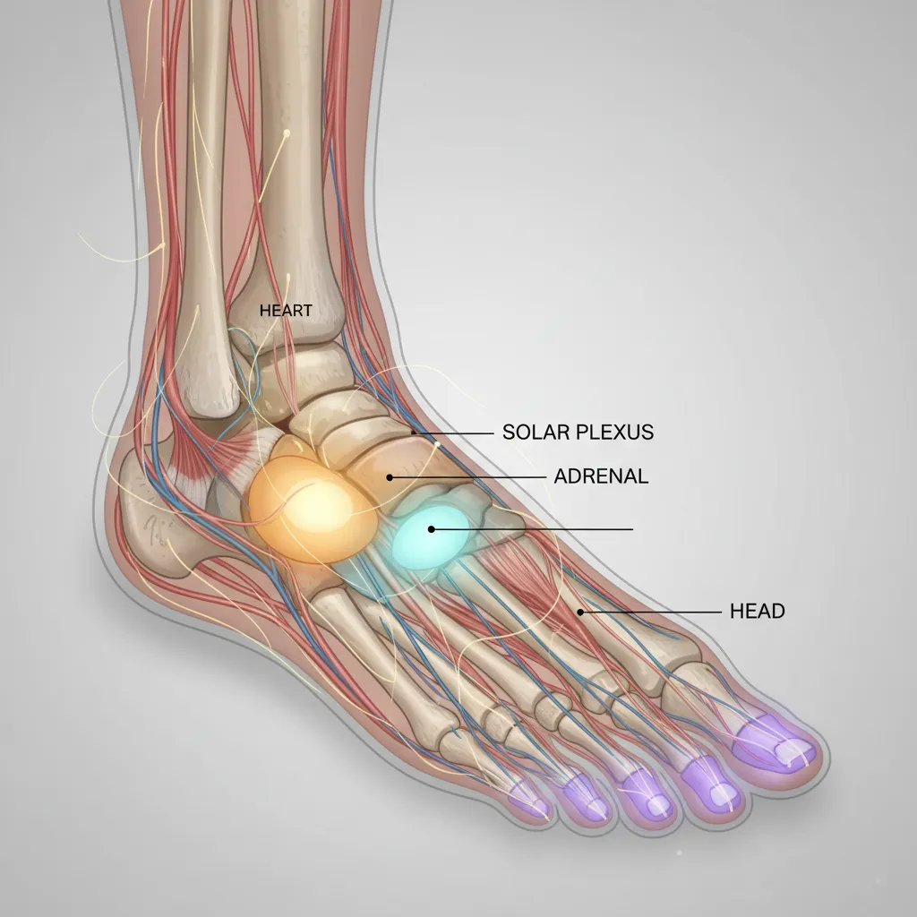 Reflexology foot chart highlighting stress and anxiety relief points