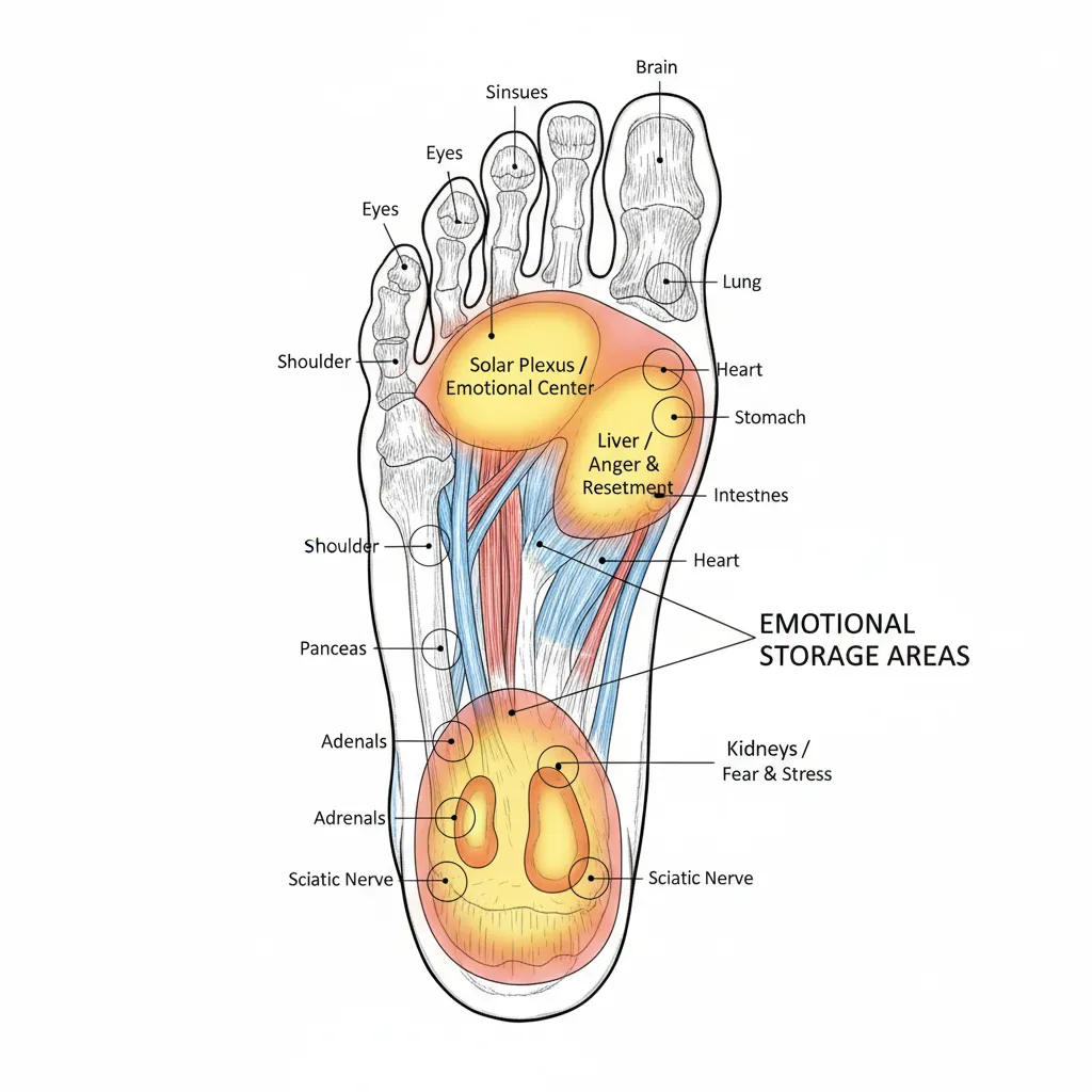 Diagram of foot reflexology points for emotional release