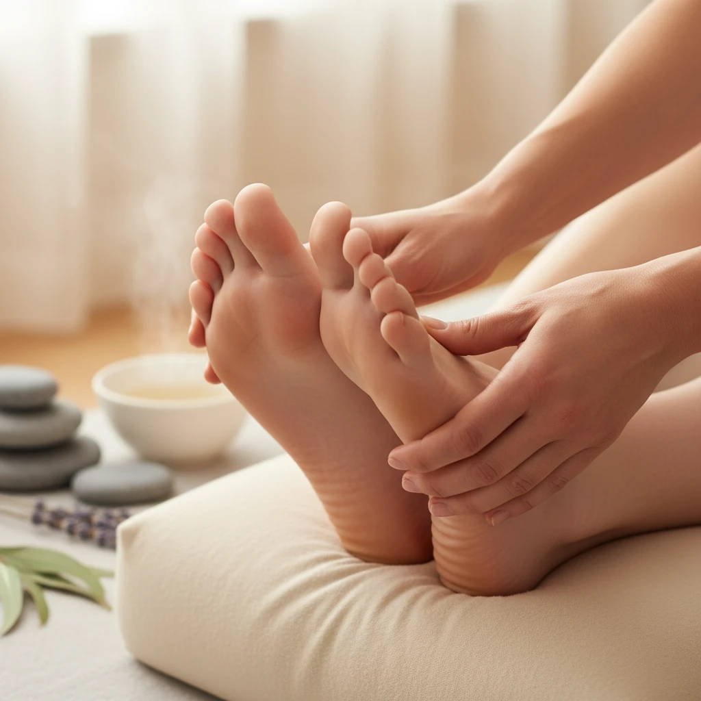 Reflexology session targeting foot reflex points for stress relief