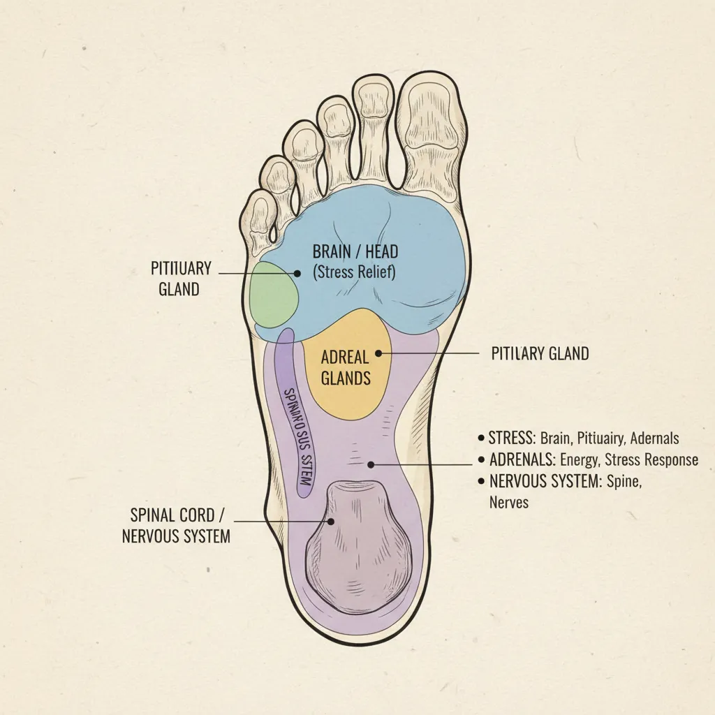 Diagram of foot reflexology points for adrenal glands and nervous system