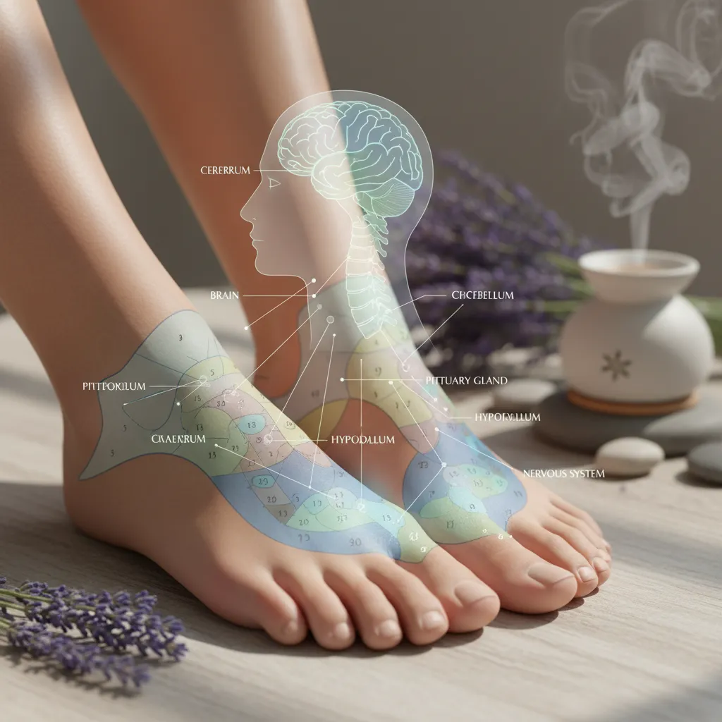 Diagram of reflexology points on the foot for brain and nervous system