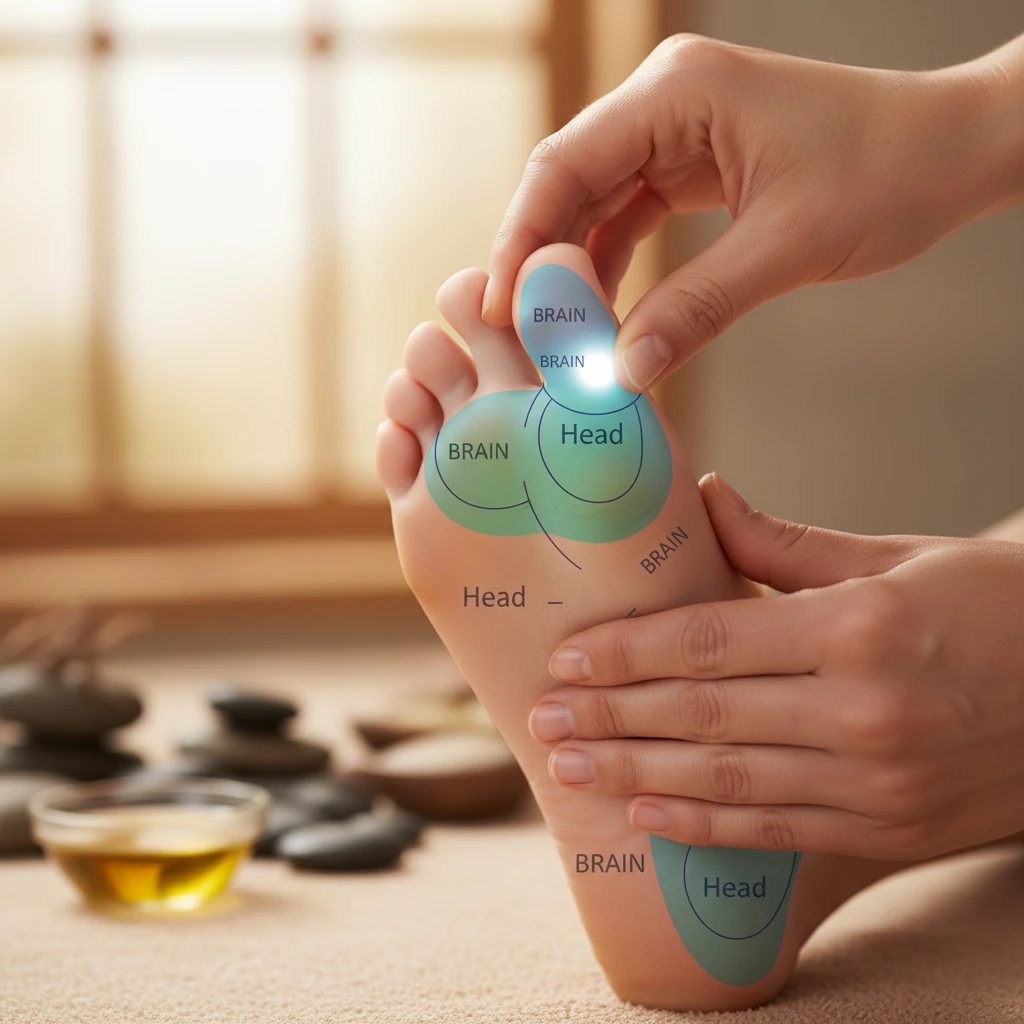 Foot reflexology map showing points for brain and head