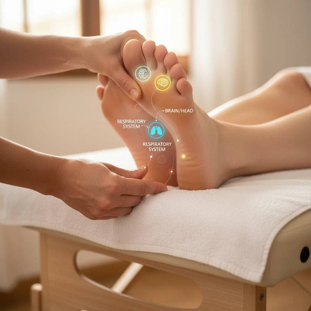 Reflexologist working on foot points related to respiration and brain