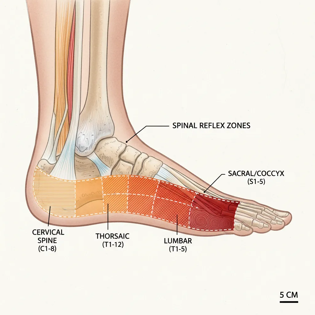 Foot reflexology chart highlighting spinal zones